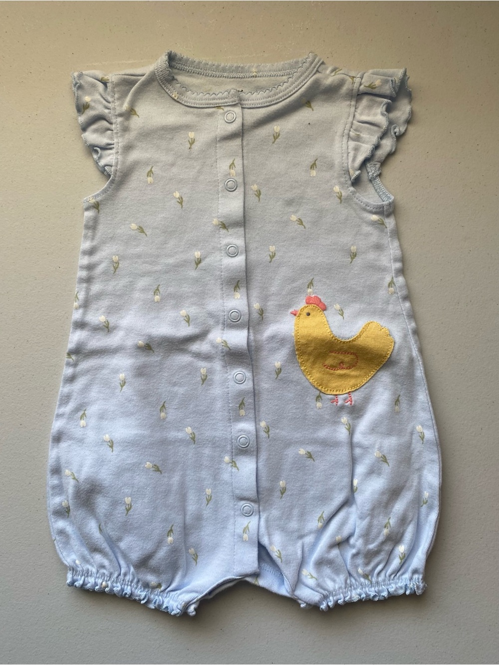 Carter's Light Blue Floral Flutter Sleeve Chicken Romper 12M
